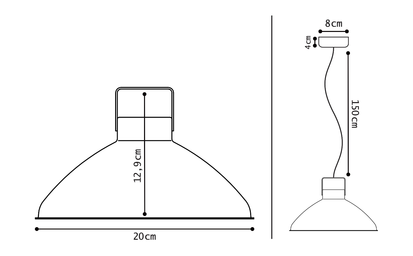 Industriestil-Pendellampen BEAUMONT in vielen Farben: Maßzeichnung des kleinen Modells B200