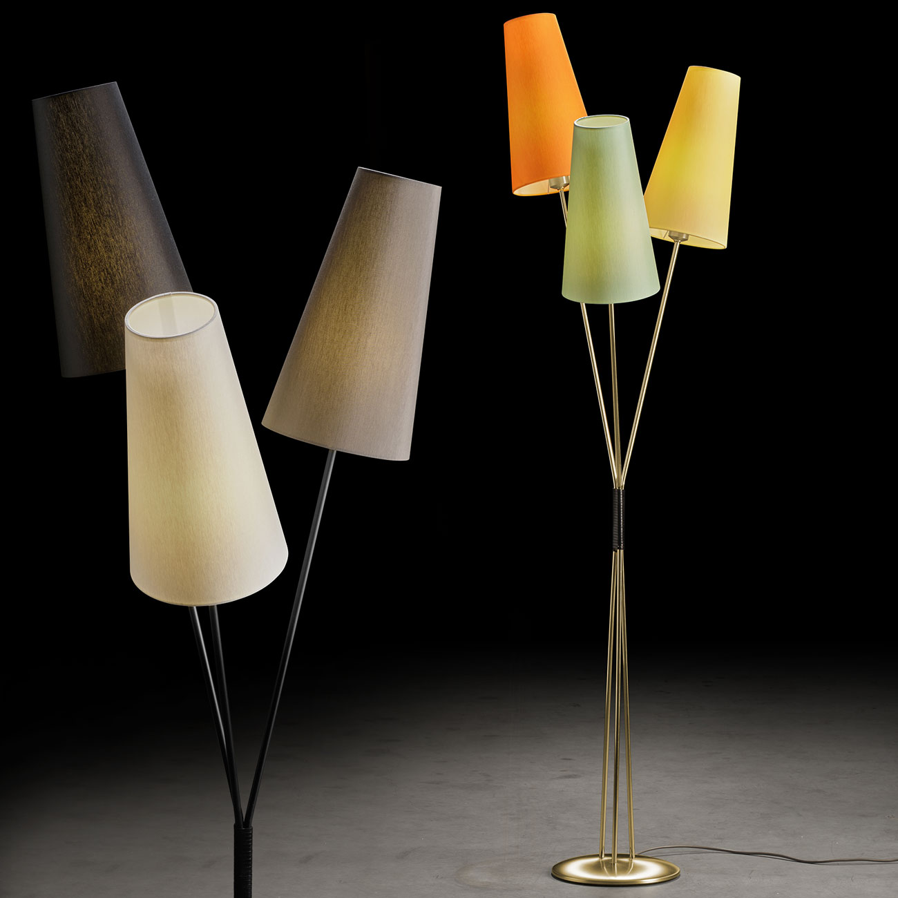 FIFTIES – Stehlampe im 50er Jahre-Look mit drei Schirmen im Bündel, viele Farben