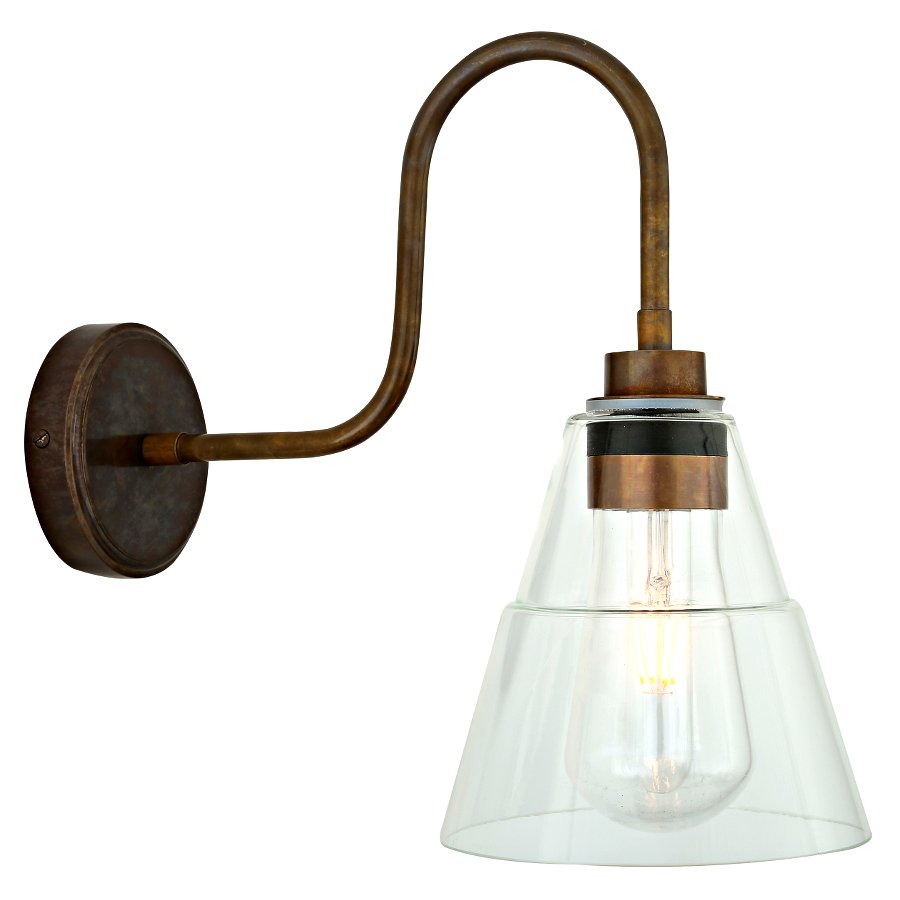 Bild 3: Schwanenhals-Wandlampe mit abgestuftem Glasschirm, IP65; Messing antik patiniert Schwanenhals-Wandlampe mit abgestuftem Glasschirm, IP65: Schwanenhals-Wandlampe mit abgestuftem Glasschirm, IP65; Messing antik patiniert