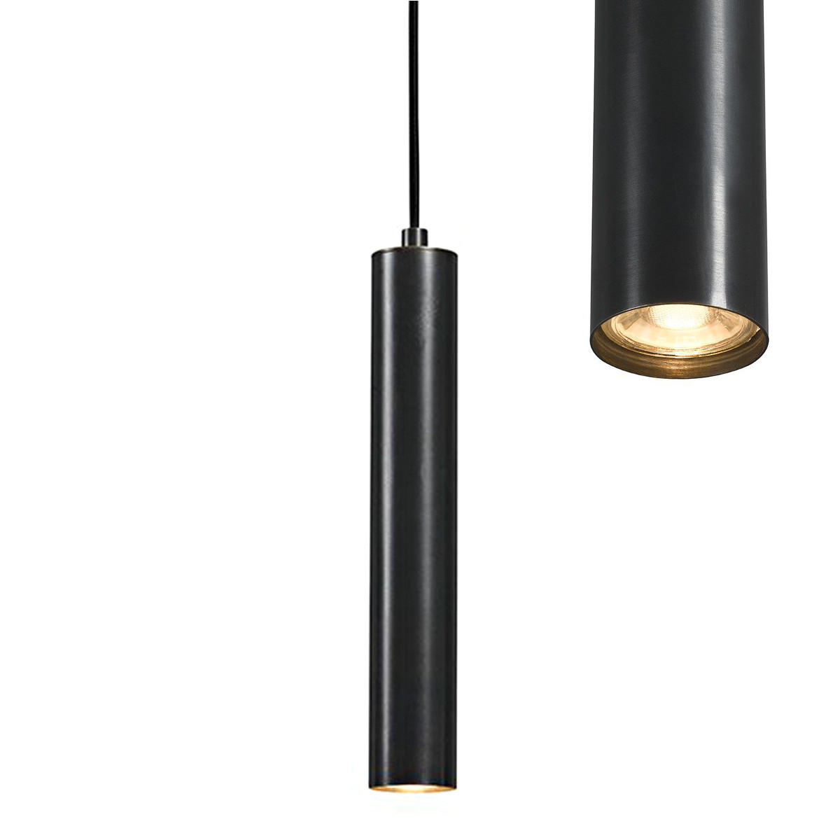 Bild 5: Messing dunkel patiniert Kaskade mit fünf Röhren-Pendelleuchten TOBINO, Kupfer oder Messing: Messing dunkel patiniert