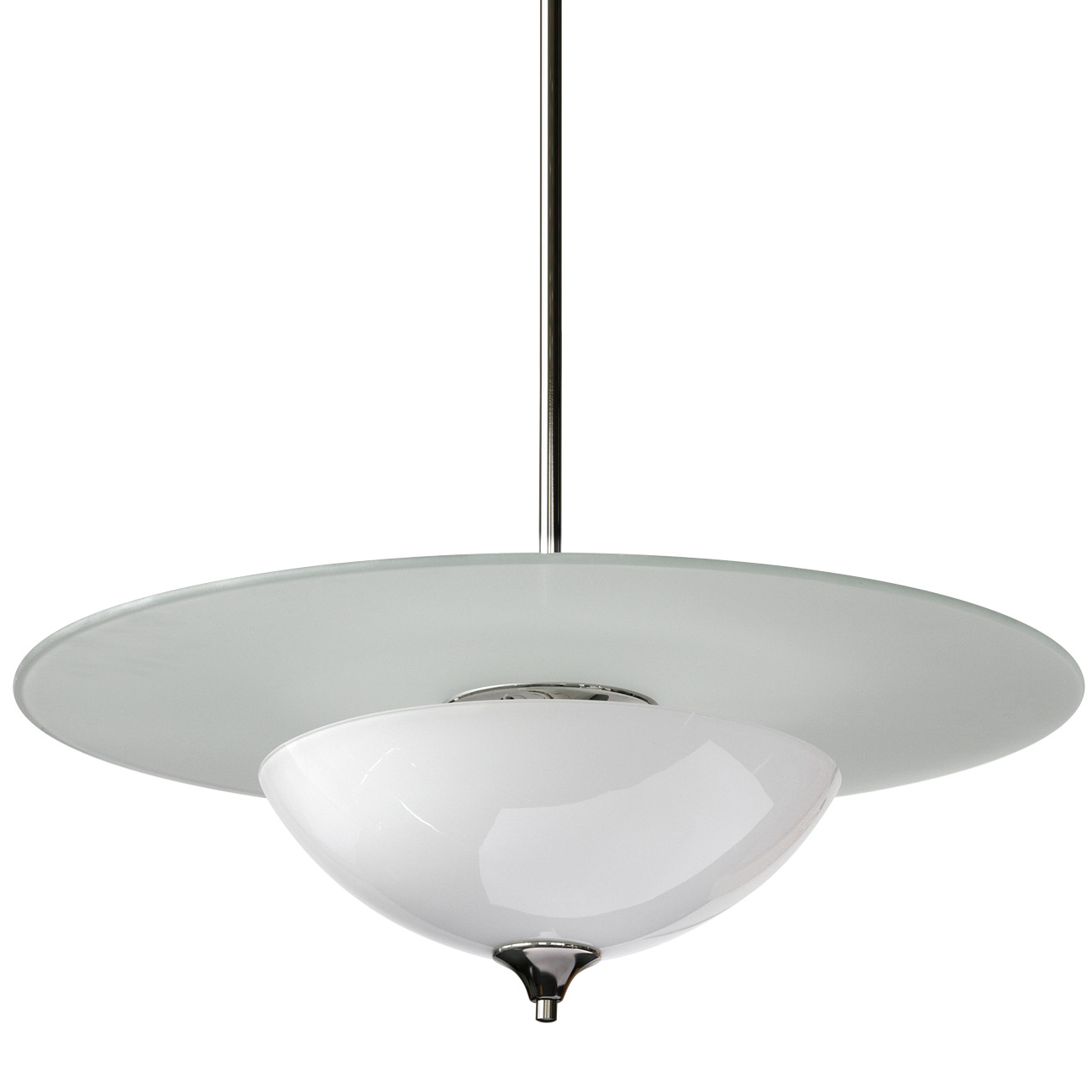 Art déco-Pendelleuchte mit 60 cm-Diffusorscheibe und Opalglas-Schirm Art déco-Pendelleuchte mit 60 cm-Diffusorscheibe und Opalglas-Schirm