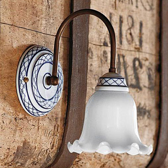 Fig. 2: Ausführung mit mundgeblasenem Plissè-Milchglas und handbemaltem Dekor Charming Italian Ceramic Wall Light TORCIO: Ausführung mit mundgeblasenem Plissè-Milchglas und handbemaltem Dekor