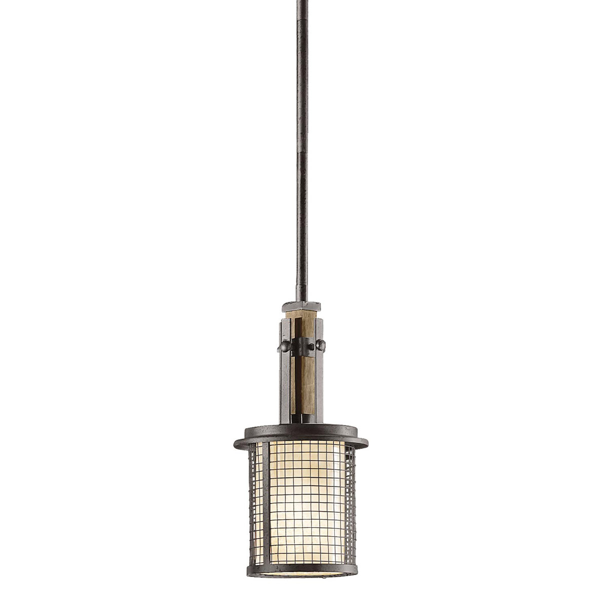 Kleine Pendelleuchte aus Stahl, Holz und Glimmerglas