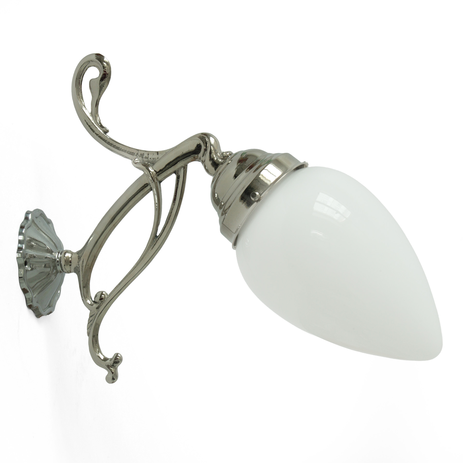 Jugendstil-Wandleuchte mit verziertem Messing-Wandarm, vernickelt und verchromt