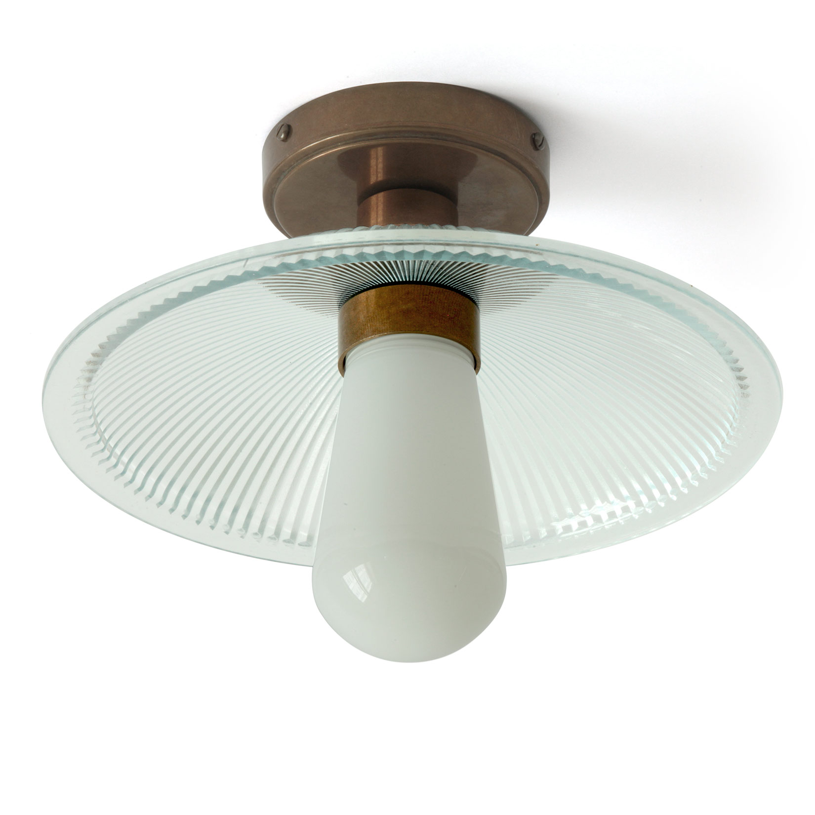 Bad-Deckenleuchte mit flachem Schirm aus „Holophan“-Glas, IP65 Bad-Deckenleuchte mit flachem Schirm aus „Holophan“-Glas, IP65