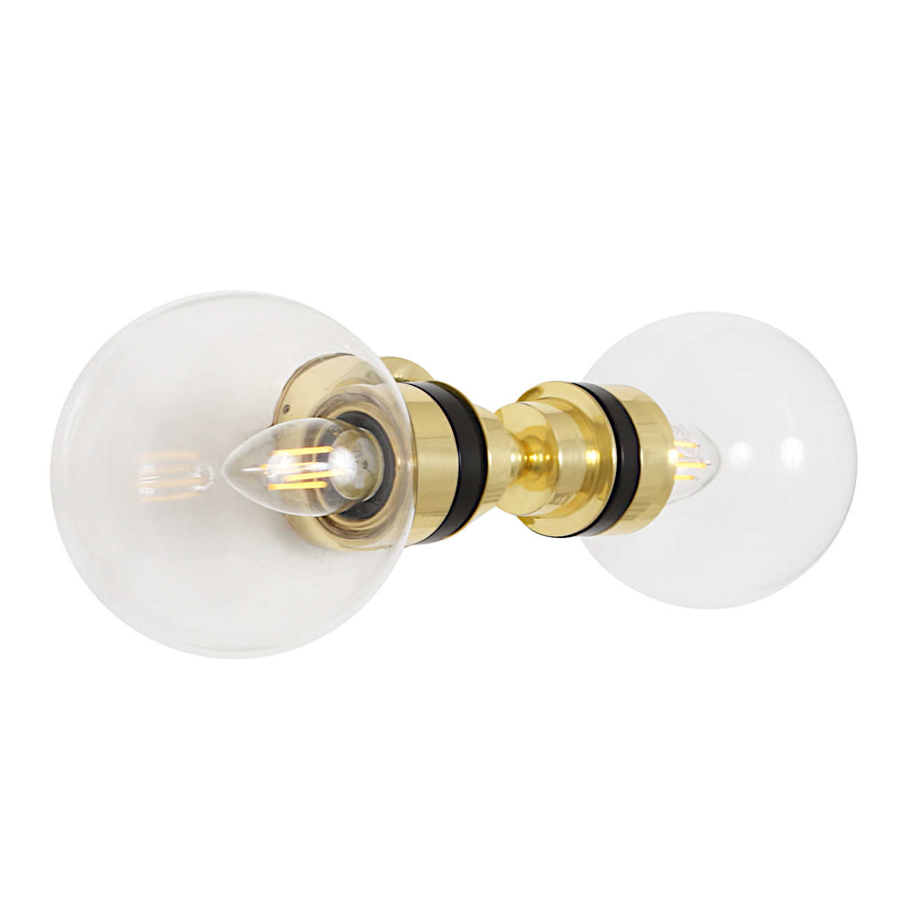 Bad-Wandlampe mit zwei Glaskugeln (klares, prismatisches, opales Glas), IP65: Badezimmer-Lampe mit zwei Glaskugeln, Messing poliert, klares Glas
