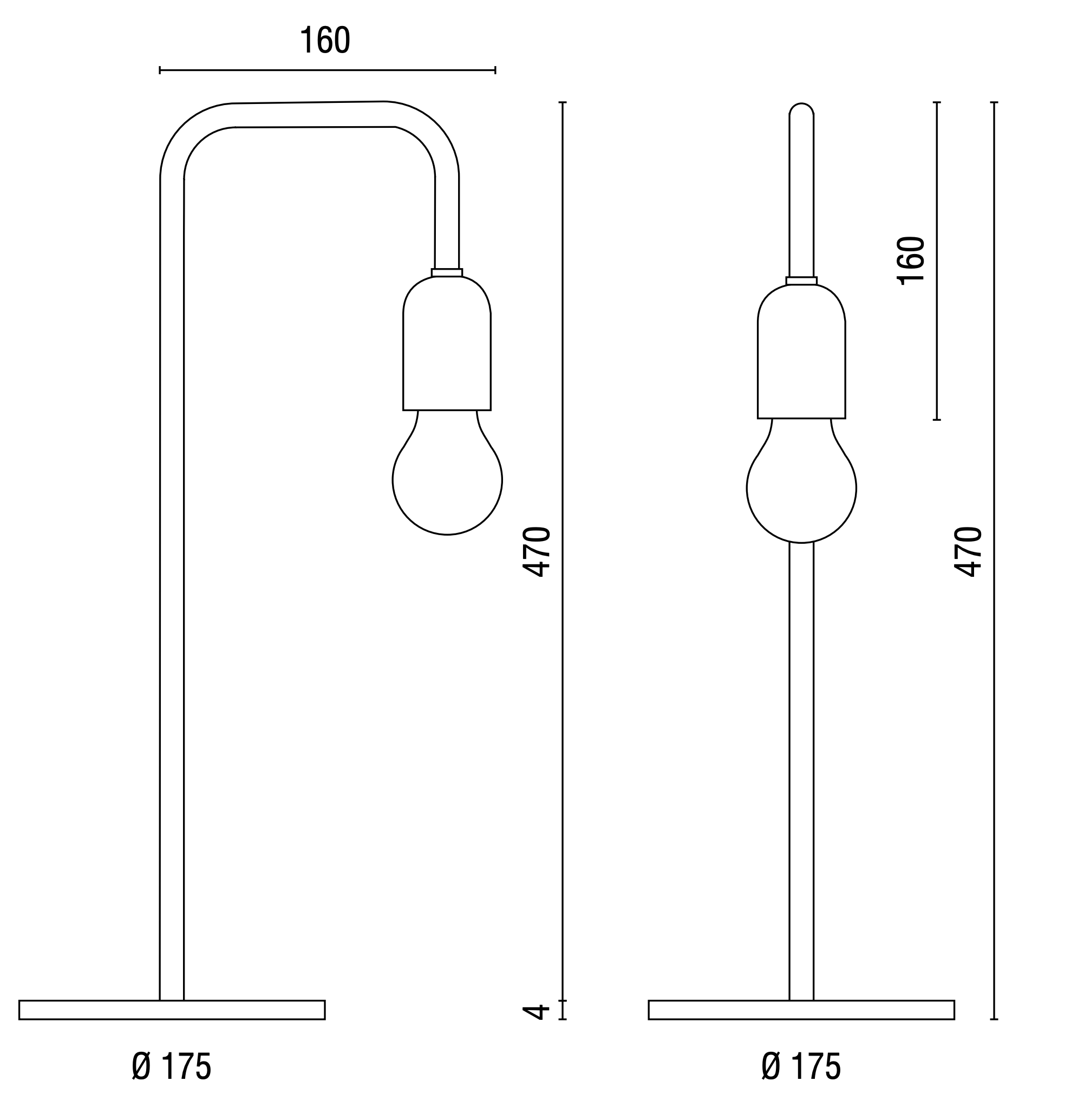 Stahlrohr-Tischleuchte PLATE: Abmessungen der Tischleuchte PLATE
