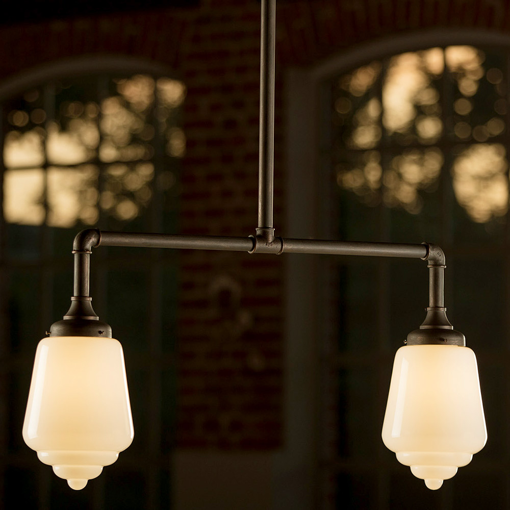 Für Tische: Geschmiedete Doppel-Pendelleuchte mit Art déco-Glas Für Tische: Geschmiedete Doppel-Pendelleuchte mit Art déco-Glas