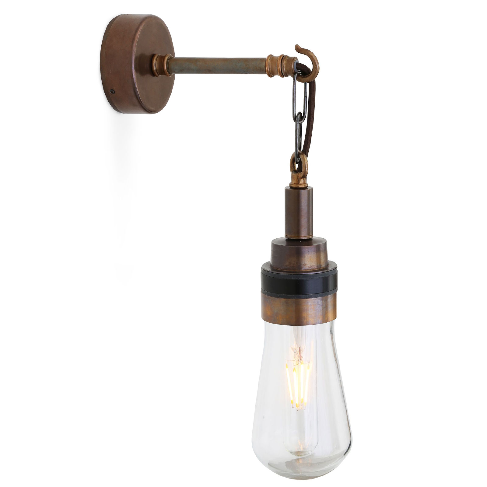 Rustikale Wandlampe mit Glaskolben, Haken und Kette, IP65