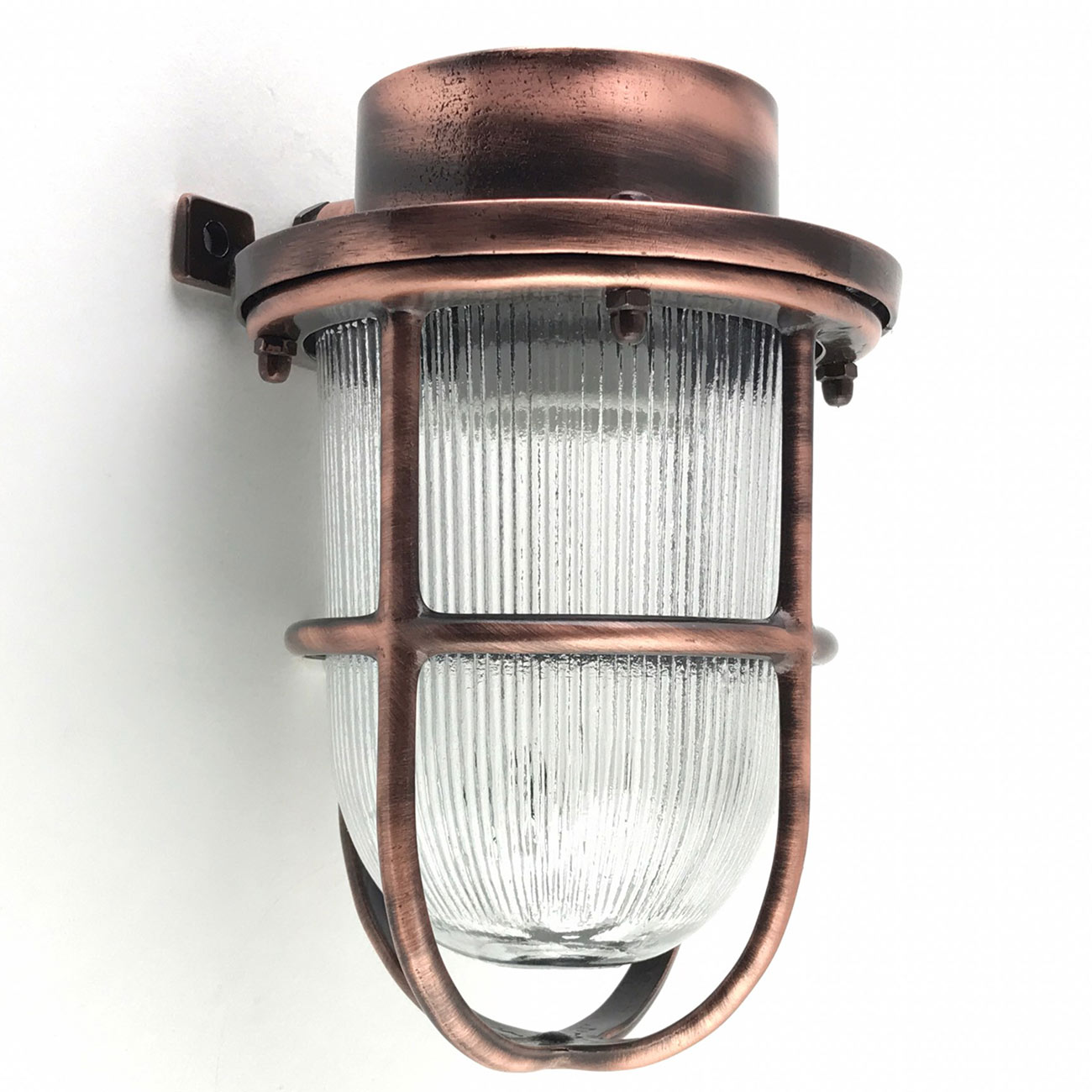 Nautische Wandlampe aus Messing und Rillen-Glaszylinder, Schutzgitter, IP64: Alt-Kupfer patiniert, matt