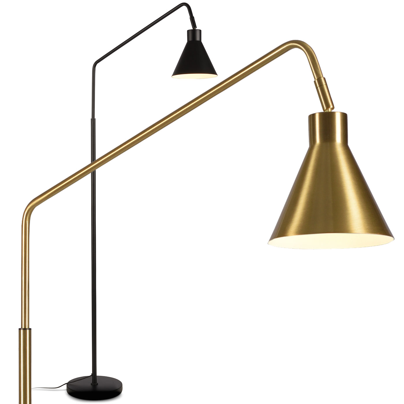 Lese-Stehlampe LYO mit langem Ausleger, schwarz oder gold: Klassisch-moderne Stehlampe mit konischem Schirm