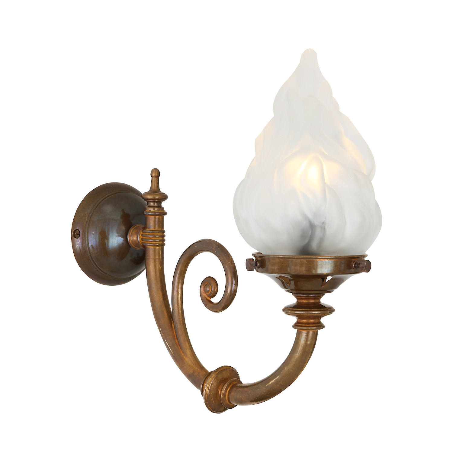 Nostalgische Wandleuchte mit Flammen-Glas und verziertem Messing-Wandarm Nostalgische Wandleuchte mit Flammen-Glas und verziertem Messing-Wandarm