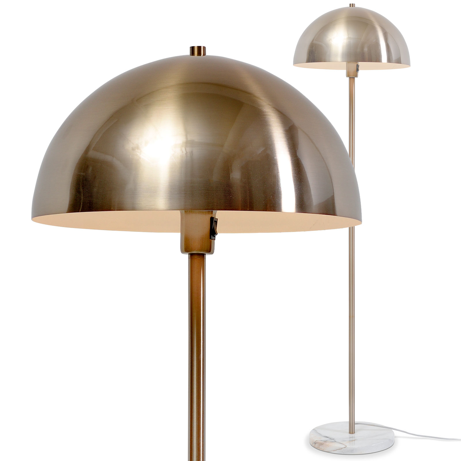 Elegante Stehlampe mit goldenem Halbkugel-Schirm und Marmor-Sockel