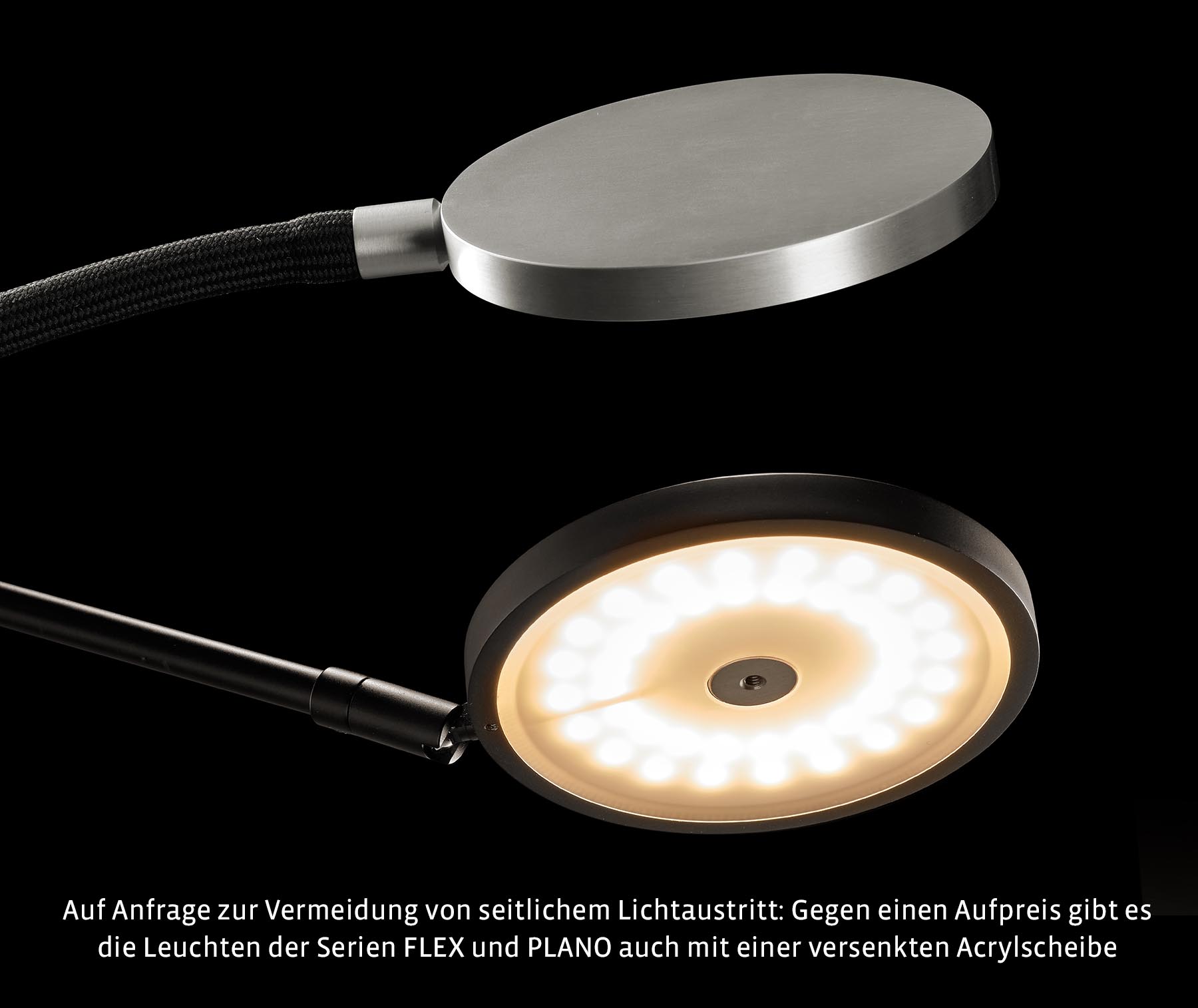 Moderne Lese-Stehleuchte FLEX mit High End-LED: Zur Vermeidung von seitlichem Lichtaustritt: Die alternative Diffusor-Acrylscheibe