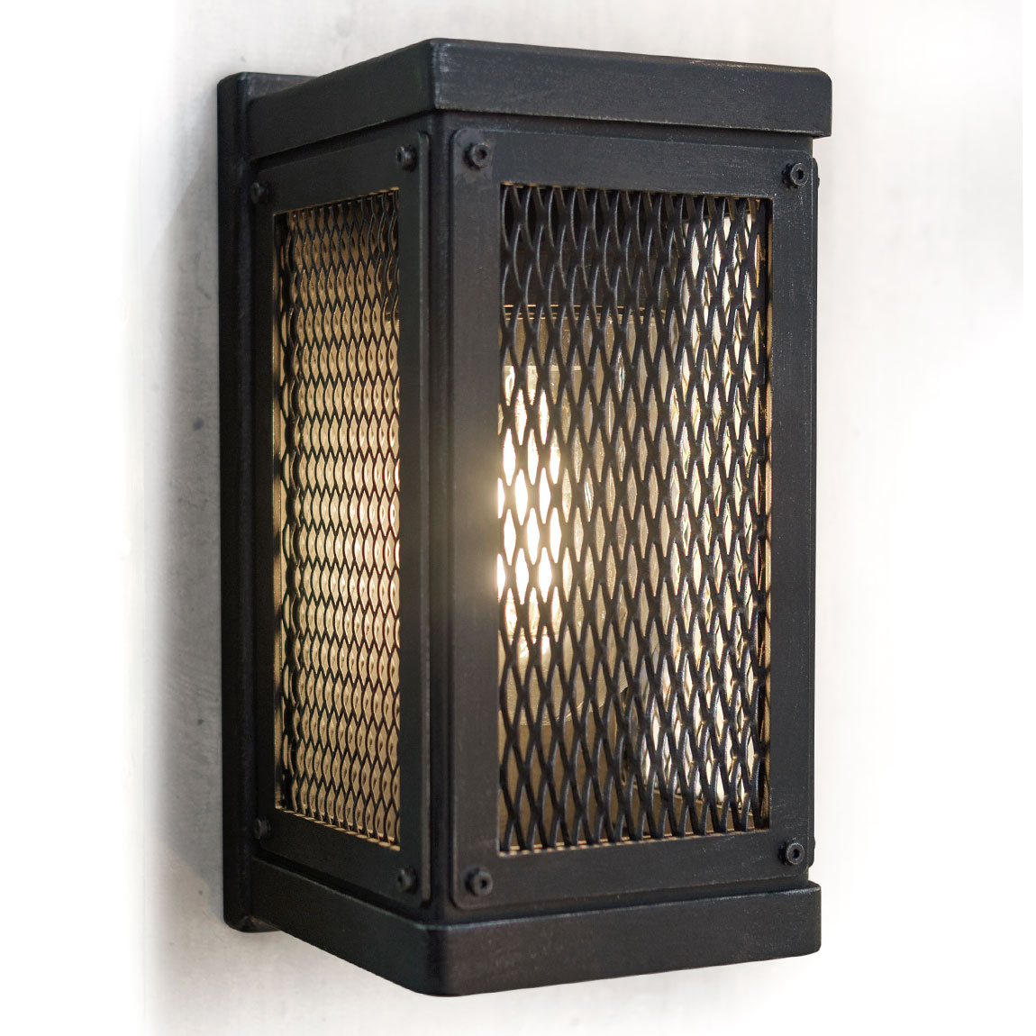 Small wrought iron wall light with grid shade