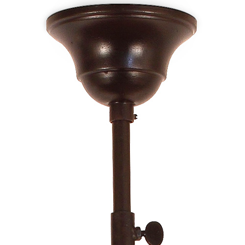 Balkenlampe mit zwei Kupferschirmen zur Tischbeleuchtung: Der Baldachin, das Pendelrohr lässt sich per Stellschraube verlängern