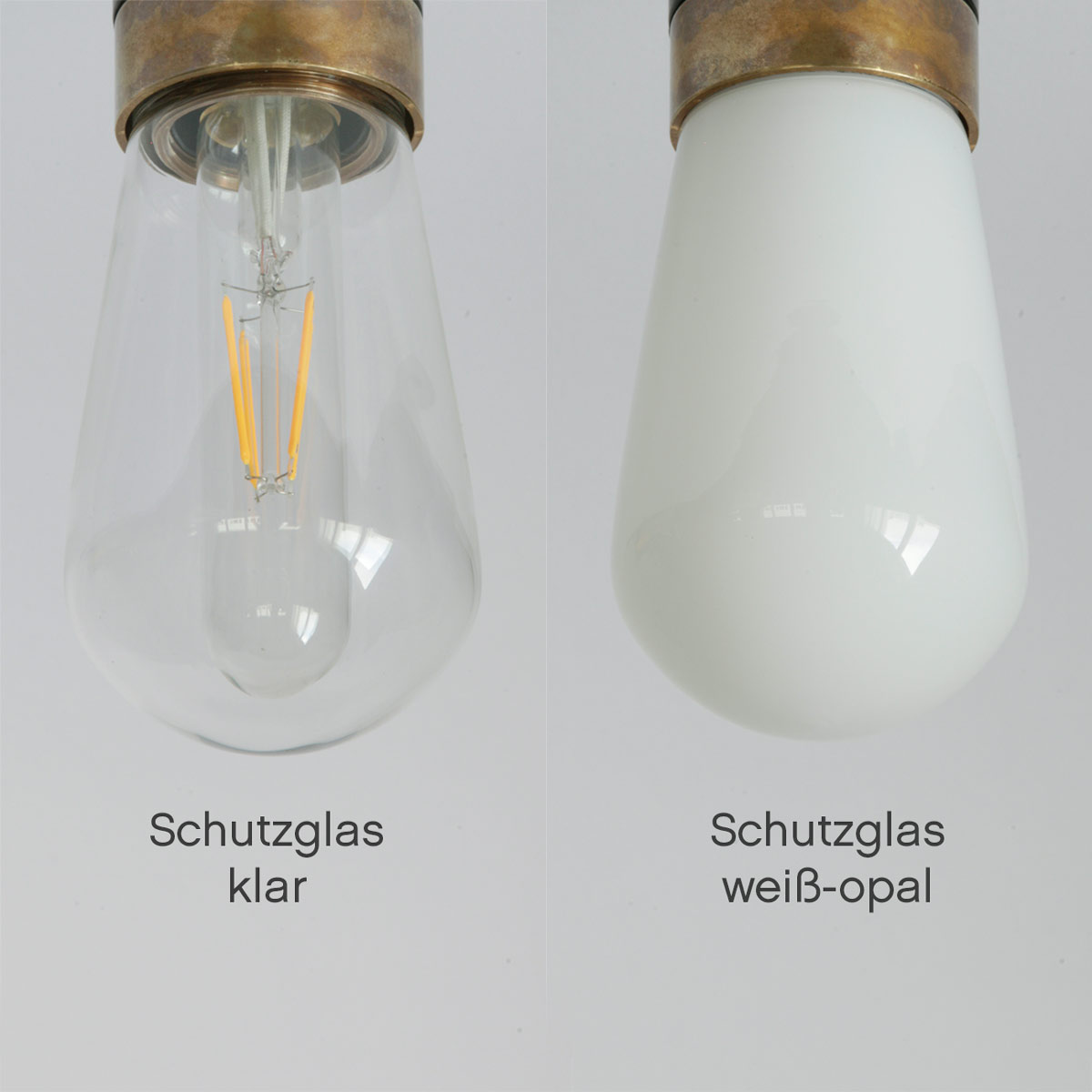 Schlichte Schwanenhals-Wandlampe, IP65: Klares oder weiß-opales Schutzglas (hier in einer Halterung in Alt-Messing antik patiniert)