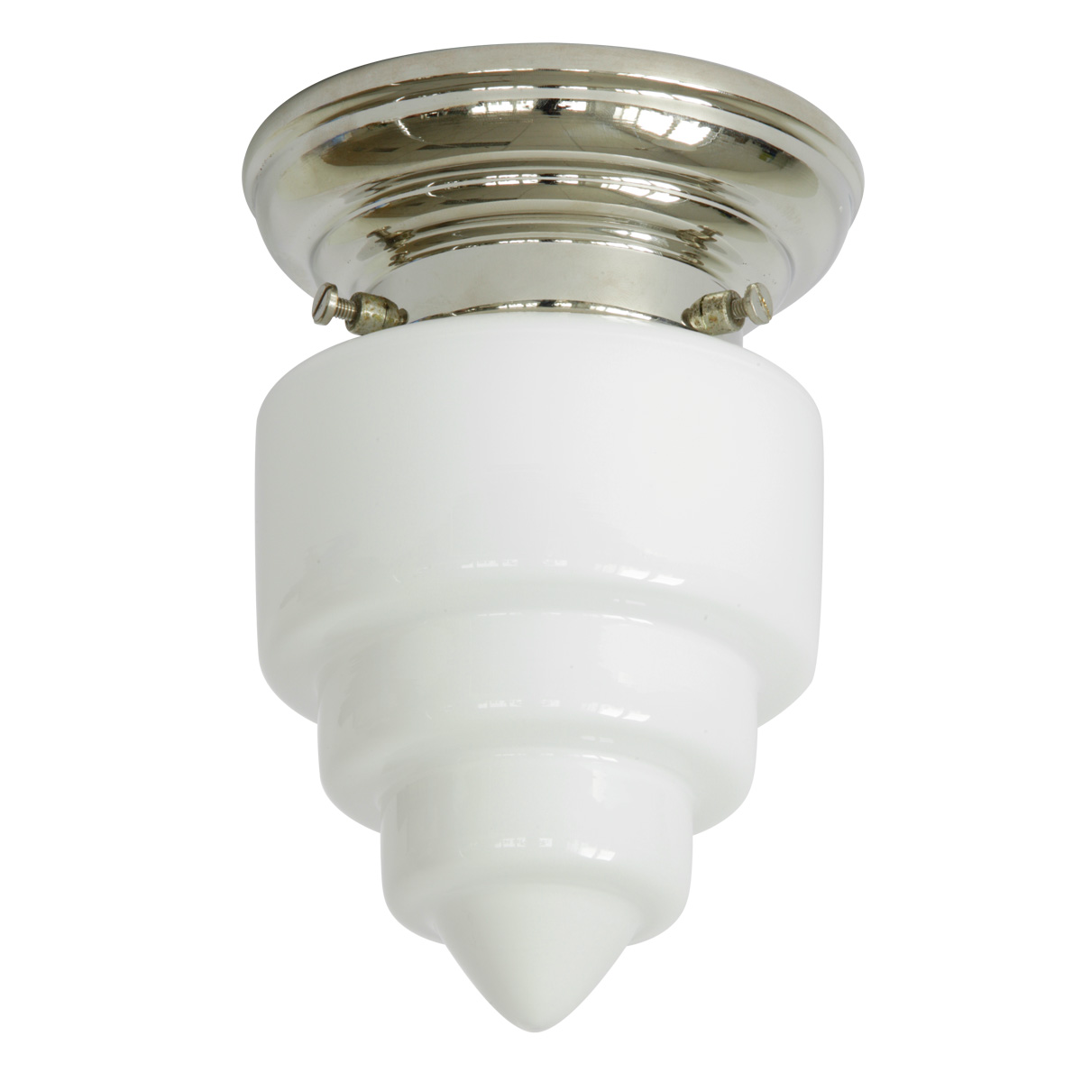 Kleine Deckenlampe mit weißem Treppenglas Ø 11 cm: Deckenleuchte, abgebildet mit glanzvernickeltem Deckenteil