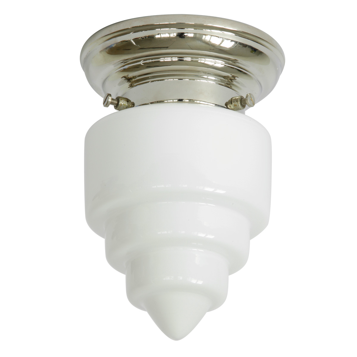 Bild 1: Deckenleuchte, abgebildet mit glanzvernickeltem Deckenteil Kleine Deckenlampe mit weißem Treppenglas Ø 11 cm: Deckenleuchte, abgebildet mit glanzvernickeltem Deckenteil
