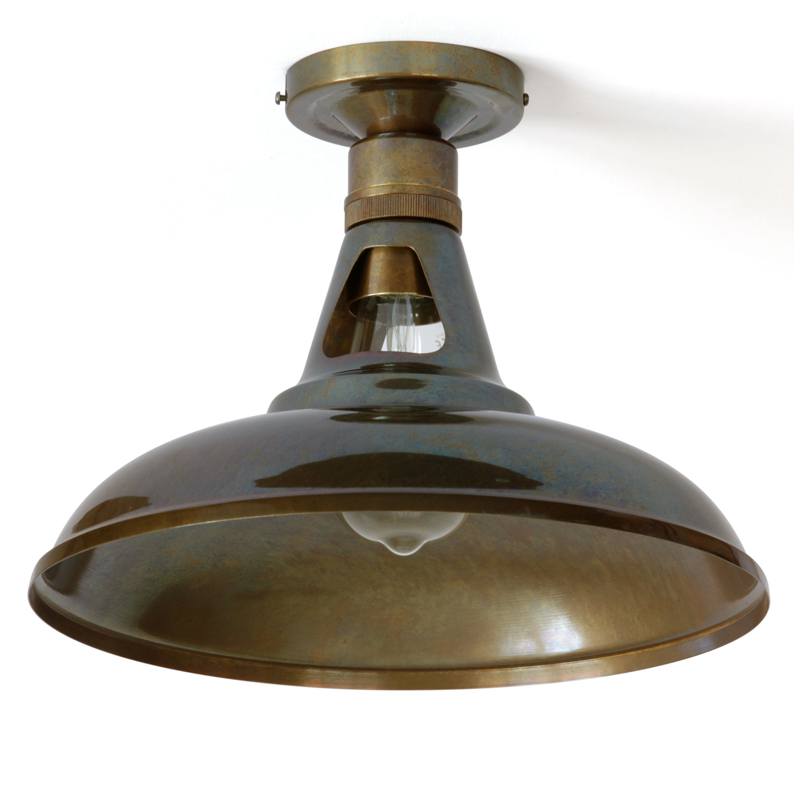 Messing-Deckenlampe mit offenem Dom, Ø 30 cm: Nostalgische Industriestil-Deckenleuchte aus Messing, hier in „Alt-Messing patiniert“