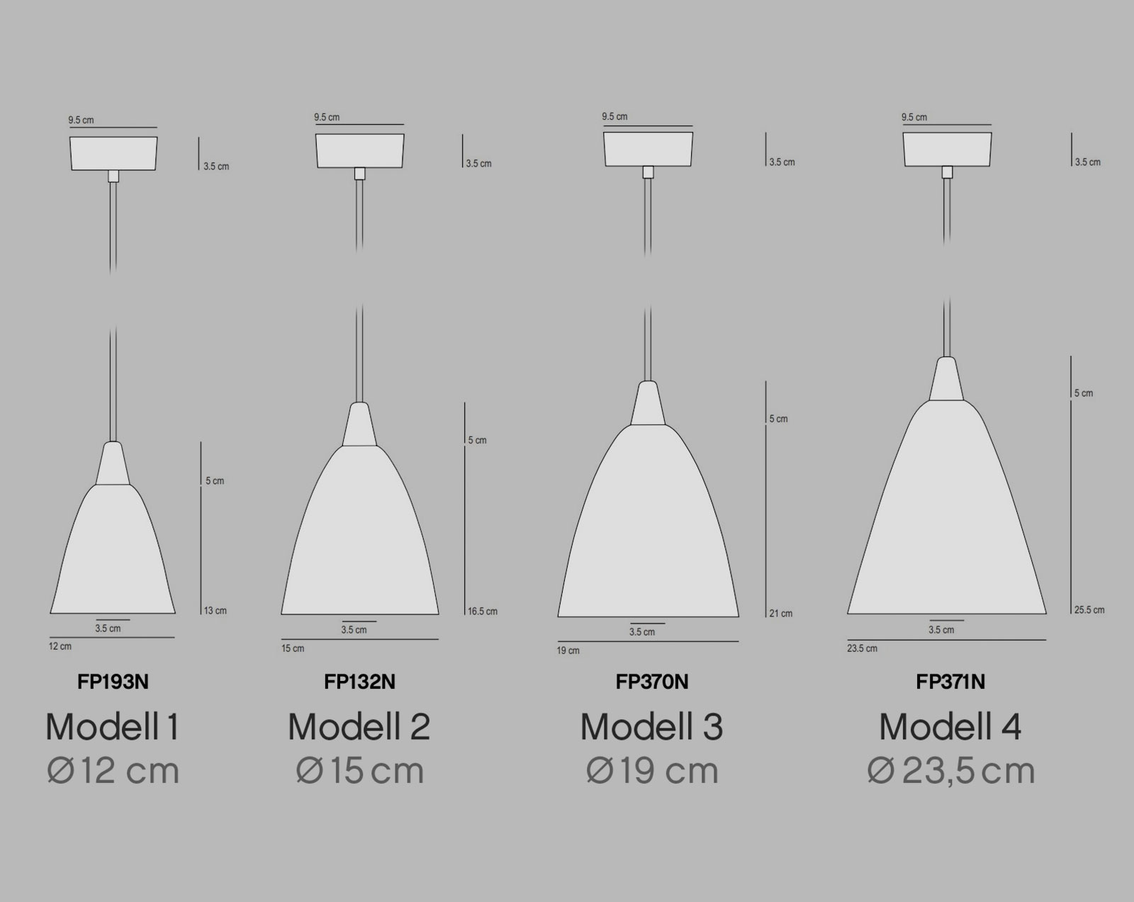 Porzellan-Hängeleuchte HECTOR – vier Größen: Die vier Modelle/Größen der Porzellan-Pendelleuchte HECTOR