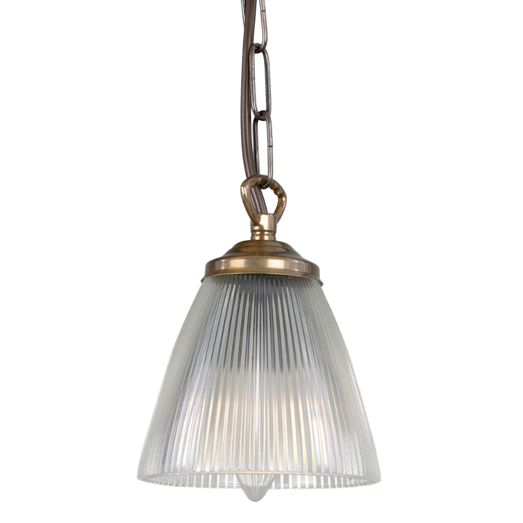 Kleine Hängeleuchte mit Kette und prismatischen Glasschirm