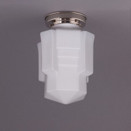 Kleine Deckenlampe mit matt-opalem Art Déco-Glas Ø 16 cm: Deckenteil getreppt, Nickel glänzend