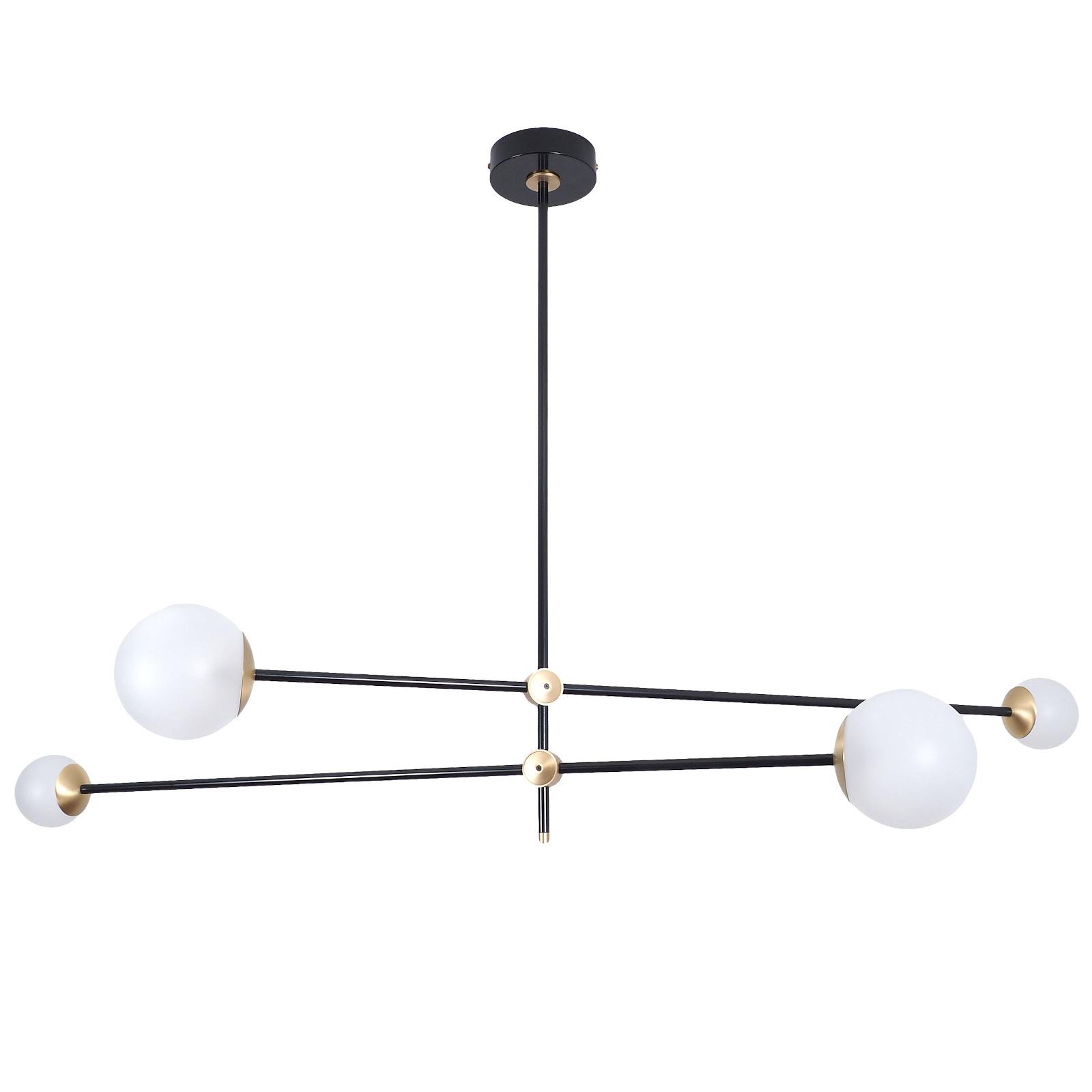 Balancierter Design-Leuchter mit vier Glaskugeln an zwei Auslegern Balancierter Design-Leuchter mit vier Glaskugeln an zwei Auslegern