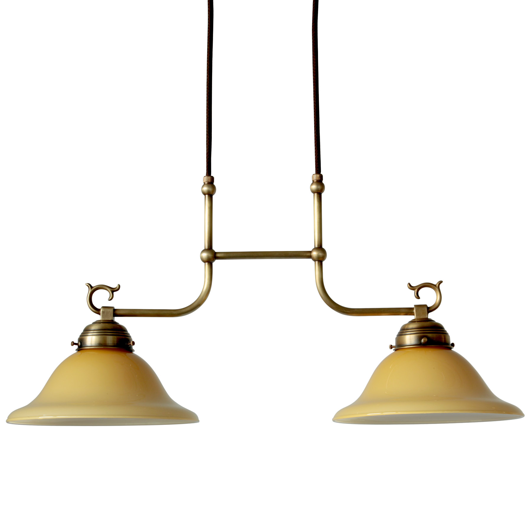 Für Tische: Nostalgische Doppel-Hängeleuchte mit zwei Glasschirmen (auch grün) Für Tische: Nostalgische Doppel-Hängeleuchte mit zwei Glasschirmen (auch grün)