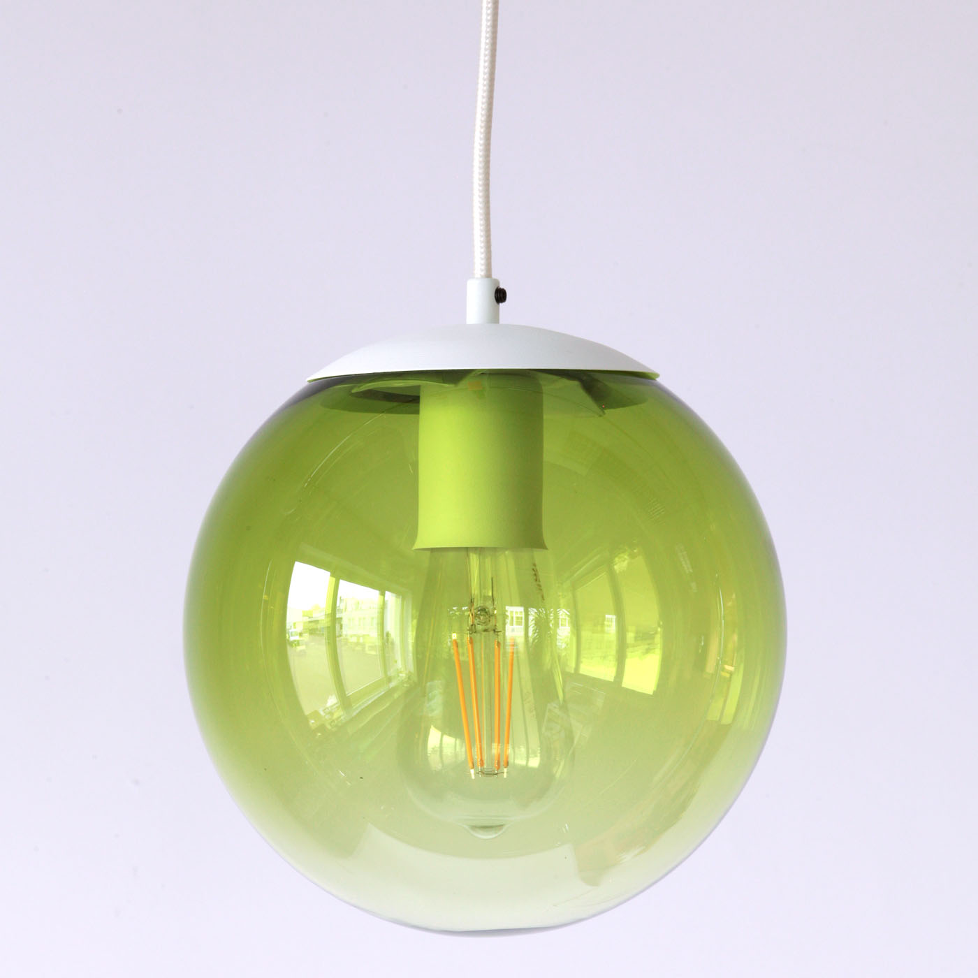 Bunt gefärbte Glaskugel-Leuchte, div. Glas-Farben, Ø 22 cm: Olivgrün mit weiß pulverbeschichteten Metallteilen