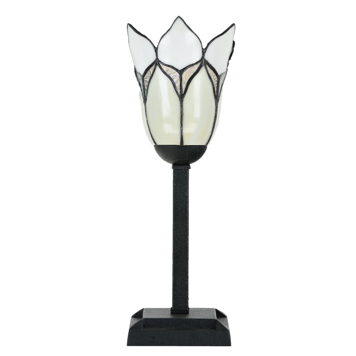 Kleine aufrechte Tiffany-Tischleuchte mit weißen Blütenschirm, Bild 2 Kleine aufrechte Tiffany-Tischleuchte mit weißen Blütenschirm, Bild 2