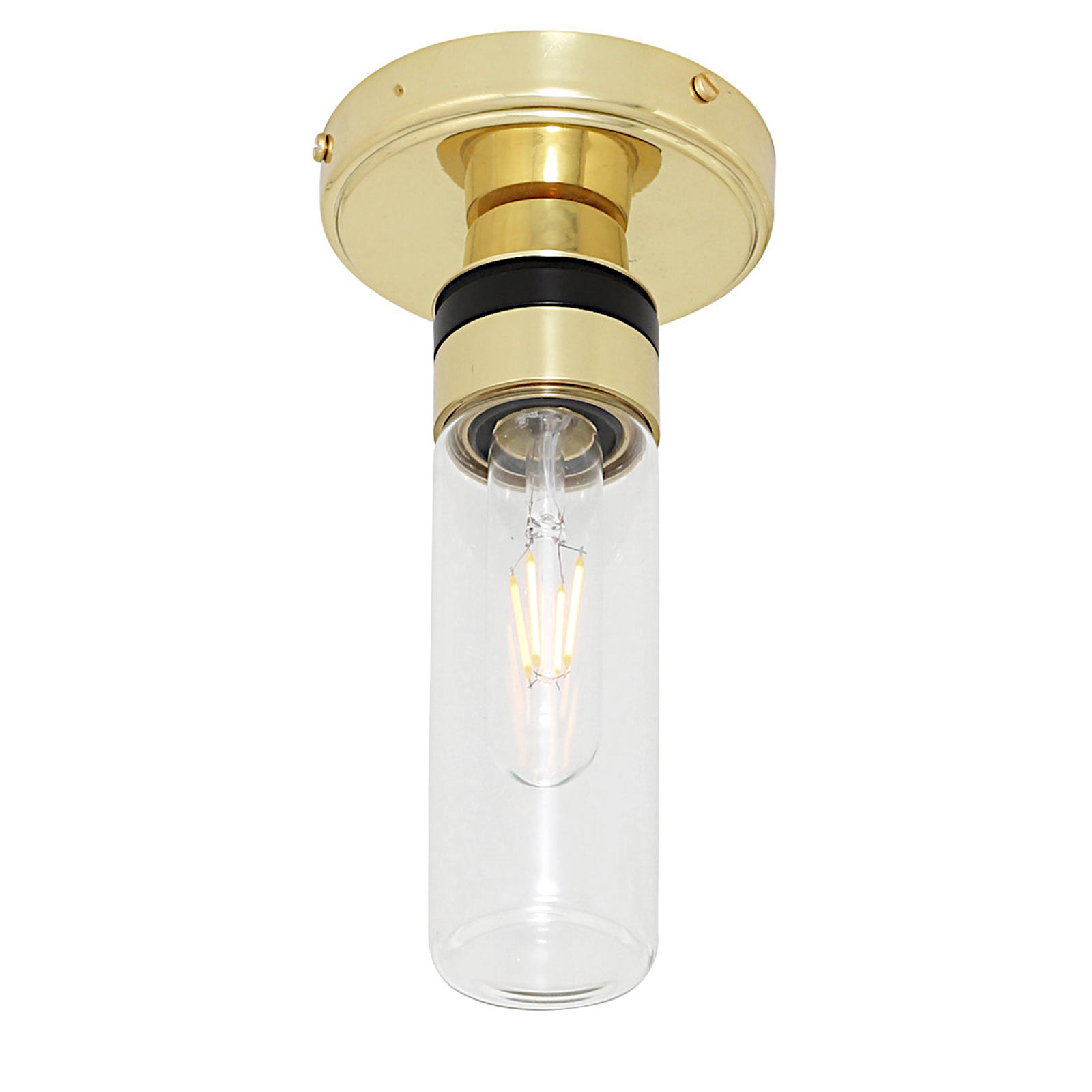 Bad-Deckenlampe mit kleinem Glas-Zylinder (klar oder prismatisch), IP65: Deckenleuchte, hier mit klarem (glatten) Glastubus