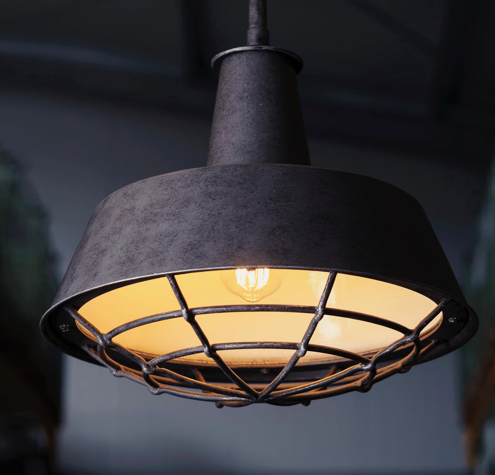 Bild 3: Typischer, besonders robuster Gitter-Schutzkorb unter dem Reflektorschirm. Oberfläche „Eisen natur“ Industriestil-Hängeleuchte HL2700 mit robustem Schutzkorb, Ø 30–50 cm: Typischer, besonders robuster Gitter-Schutzkorb unter dem Reflektorschirm. Oberfläche „Eisen natur“