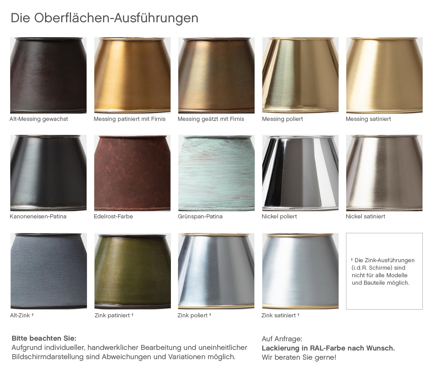 Bild 2: Die erhältlichen Messing-Oberflächen (Beispiele) Französische Messing-Stehleuchte mit Bogen-Arm TOKYO: Die erhältlichen Messing-Oberflächen (Beispiele)