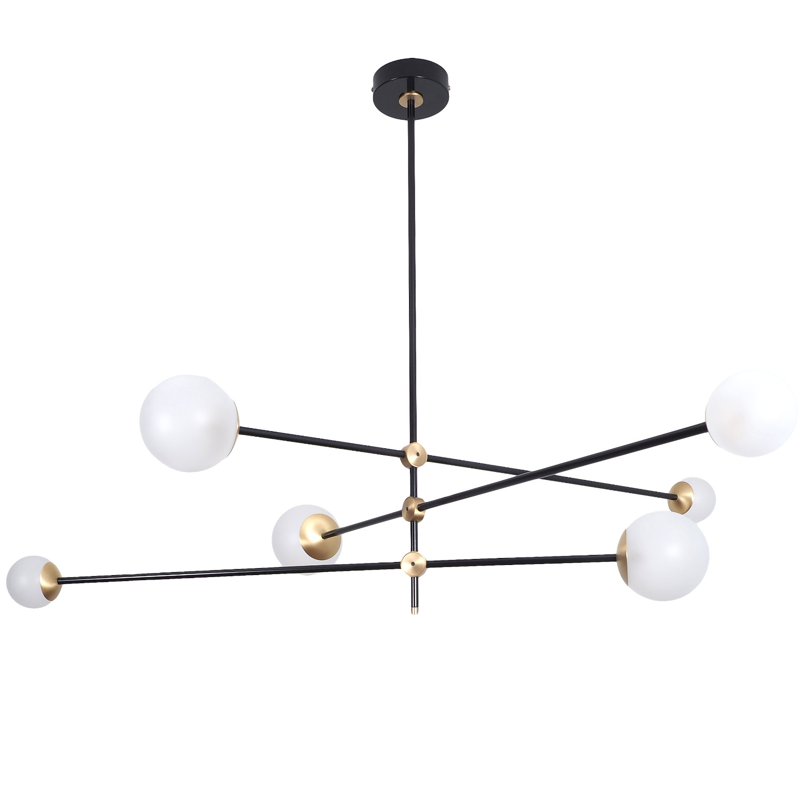 Design-Deckenleuchter mit 6 balancierten Glaskugeln an drei Armen Design-Deckenleuchter mit 6 balancierten Glaskugeln an drei Armen