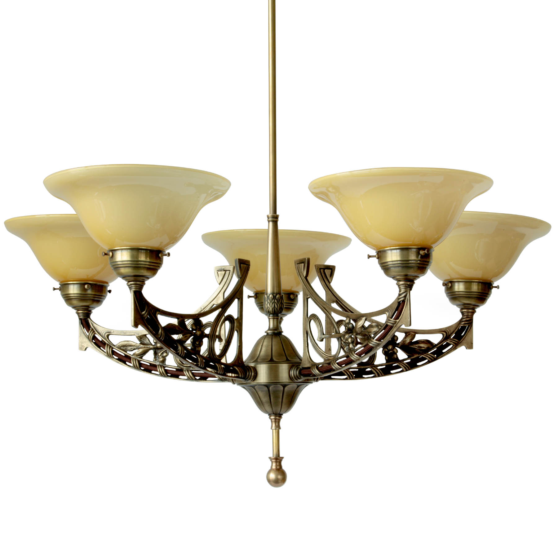 5-armiger Jugendstil-Leuchter mit nach oben gerichteten Glasschalen 5-armiger Jugendstil-Leuchter mit nach oben gerichteten Glasschalen