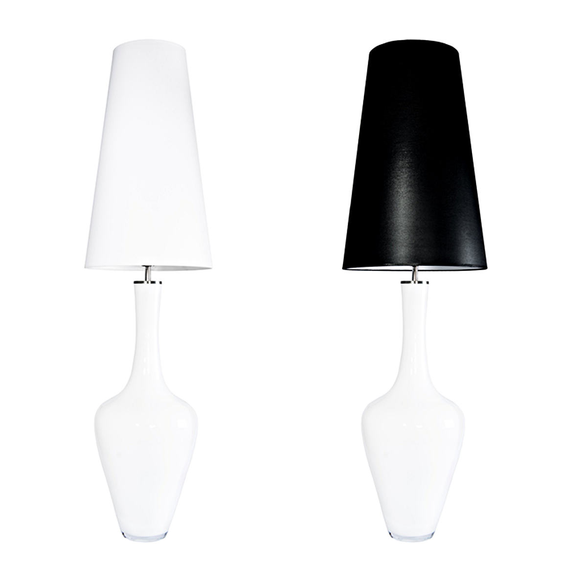Beeindruckende Vasen-Stehlampe aus Glas PONY 134 cm: erhältlich mit weißem oder schwarzem Stoffschirm