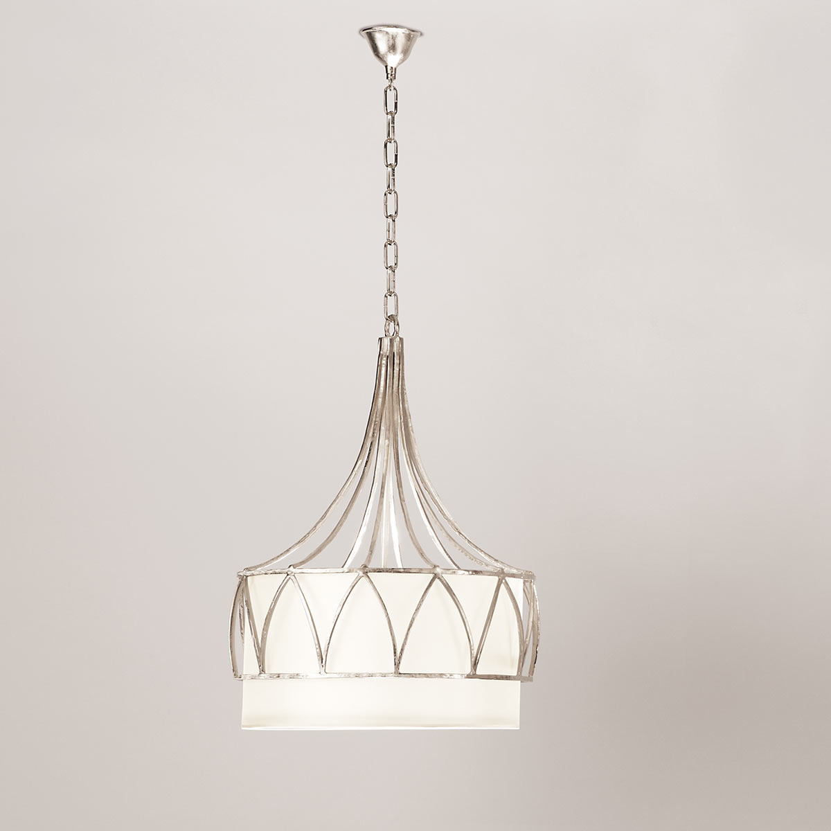 Bild 5: Bronze vernickelt Bronzeguss-Hängeleuchte mit Textilschirm TIARE GRANDE, Ø 43 cm: Bronze vernickelt