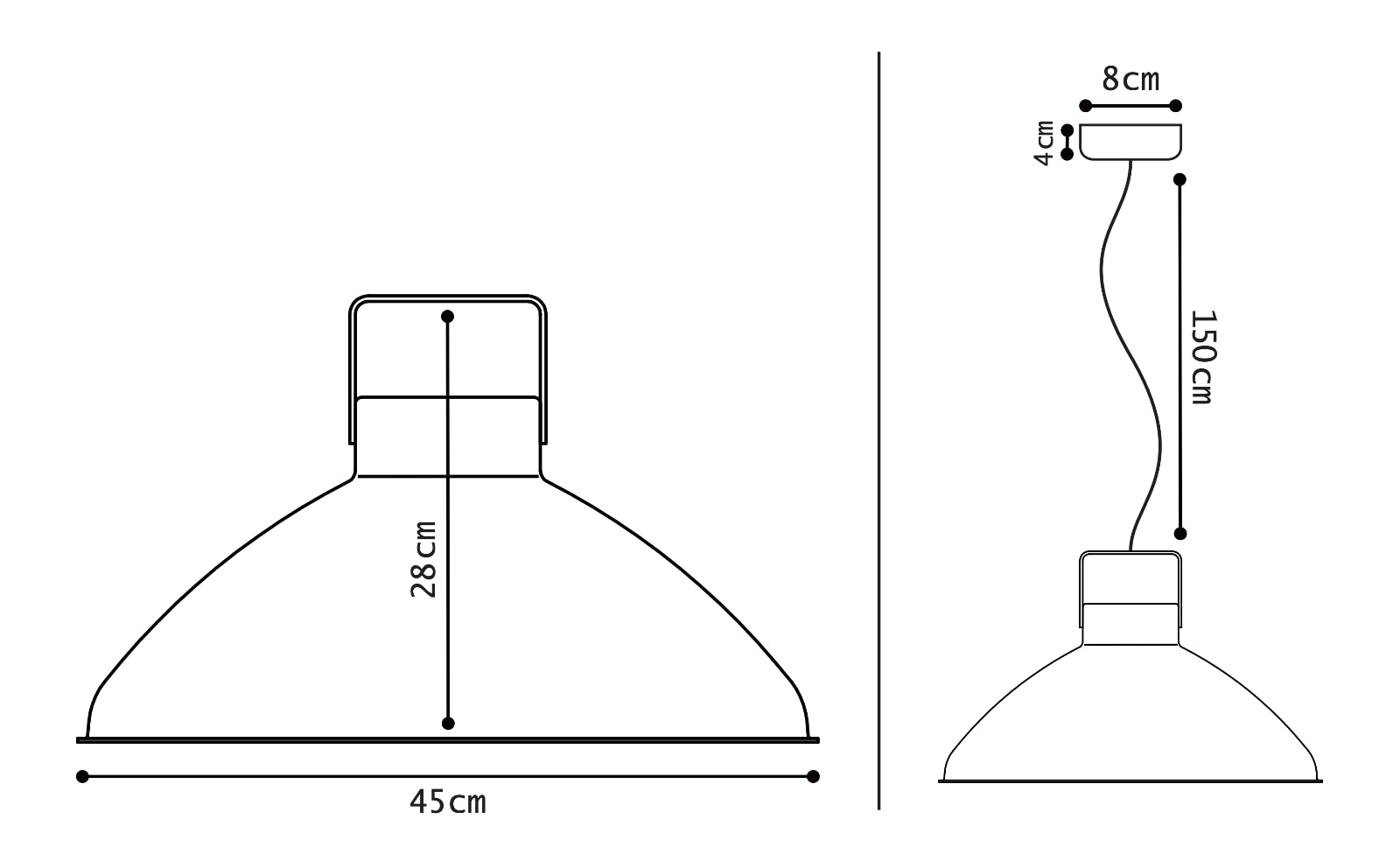 Industrial pendulum lamp BEAUMONT in many colors: Maßzeichnung des großen Modells B360
