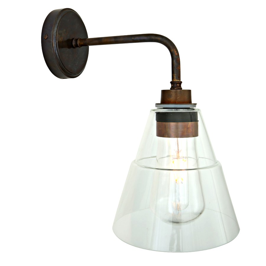 Bild 3: Wandlampe IP65, hier Messing antik patiniert Wasserdichte Wandlampe mit Kegel-Glasschirm, IP65: Wandlampe IP65, hier Messing antik patiniert