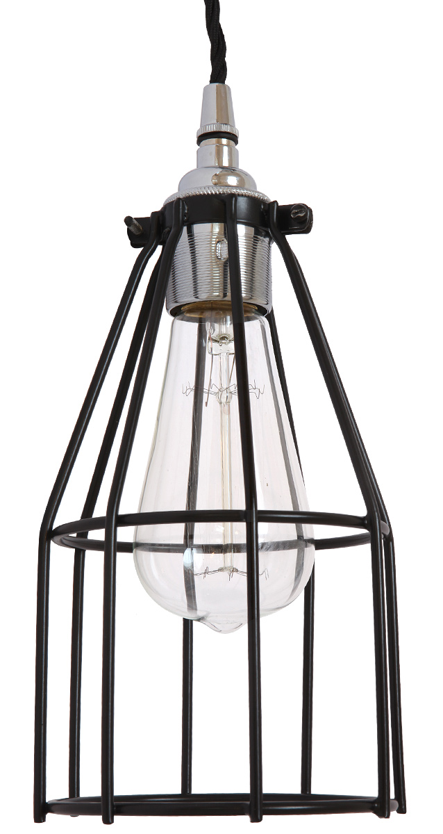 Einfache Industriestil-Pendelleuchte mit Schutzgitter RAKE: Die Industriestil-Pendelleuchte mit Schutzgitter, bestückt mit einer Edison-Glühfadenbirne, pulverlackiert schwarz
