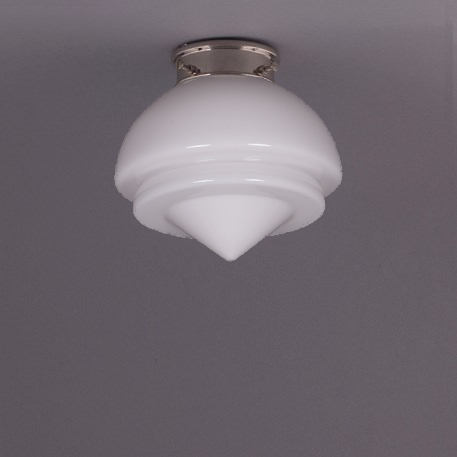 Art Déco-Deckenleuchte mit gestuftem Opalglas mit Spitze Ø 19 cm: Deckenteil schlank und glatt, Nickel glänzend