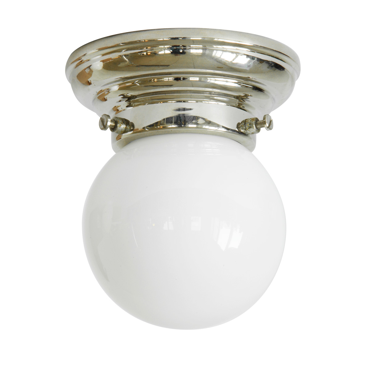 Sehr kleine Deckenlampe mit weißem Kugelglas Ø 10 cm: Kleine Kugel-Deckenleuchte (10 cm), hier abgebildet mit Deckenteil in Messing glanzvernickelt
