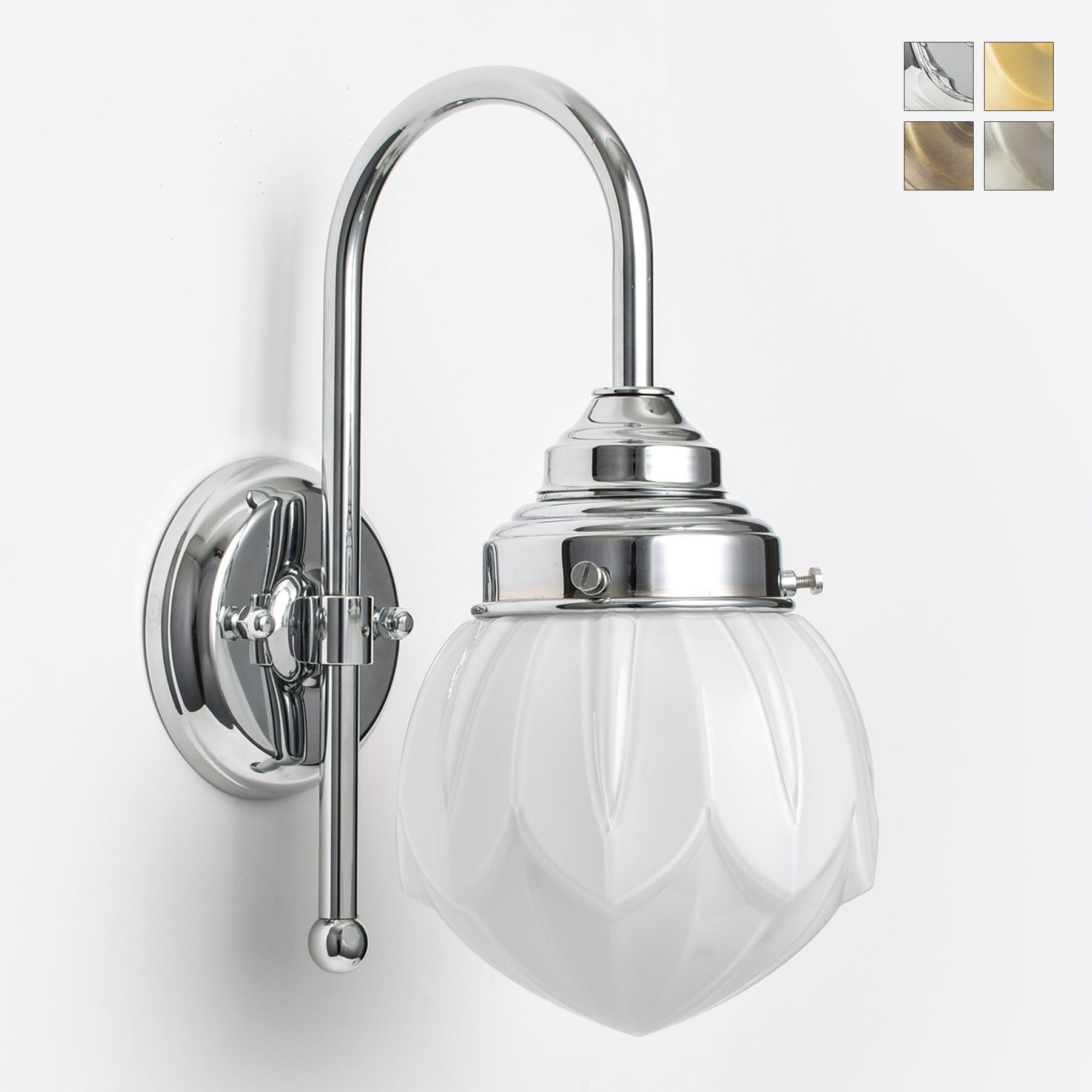 Small Art Deco bathroom wall light with arched arm and blossom glass Small Art Deco bathroom wall light with arched arm and blossom glass