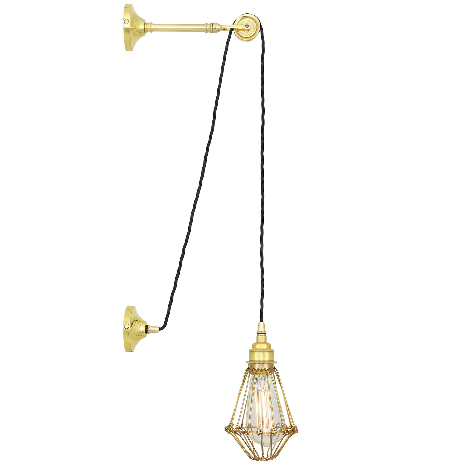 Bild 4: Wand-Pendelleuchte mit Käfig am Ausleger-Galgen, hier in Messing poliert Wand-Pendelleuchte mit Lampenkäfig und Umlenkrolle: Wand-Pendelleuchte mit Käfig am Ausleger-Galgen, hier in Messing poliert