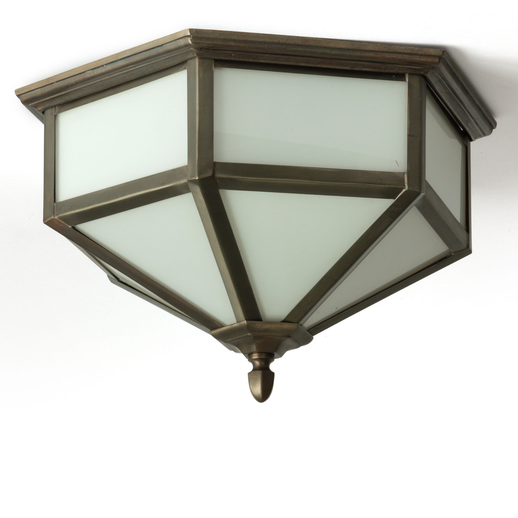 Klassische Deckenleuchte mit sechseckig verglastem Messing-Gehäuse, Ø 26–38 cm