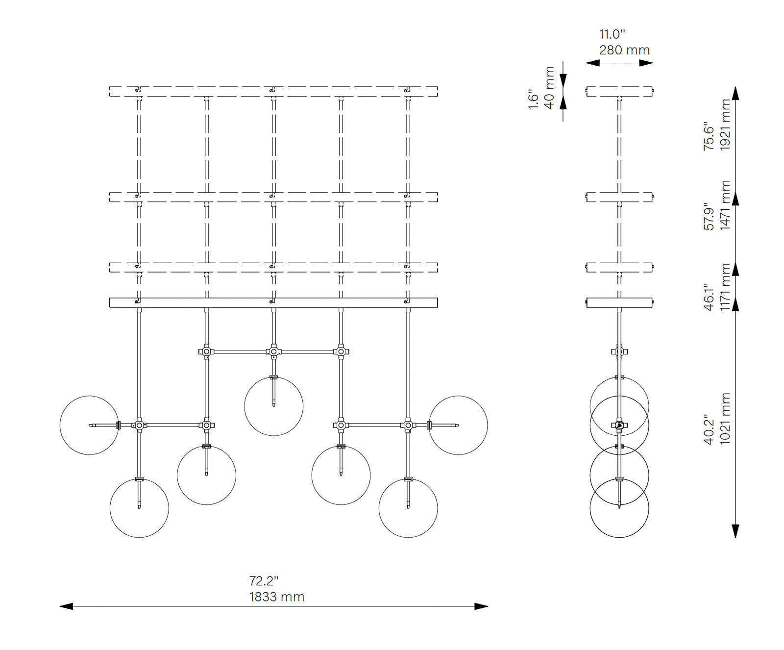 Bild 8: Die Leuchte wird geliefert mit Verlängerungsrohren: 5 x 15 cm, 5 x 30 cm sowie 5 x 45 cm. Zeitgenössischer Deckenleuchter mit sieben Glaskugeln: Die Leuchte wird geliefert mit Verlängerungsrohren: 5 x 15 cm, 5 x 30 cm sowie 5 x 45 cm.