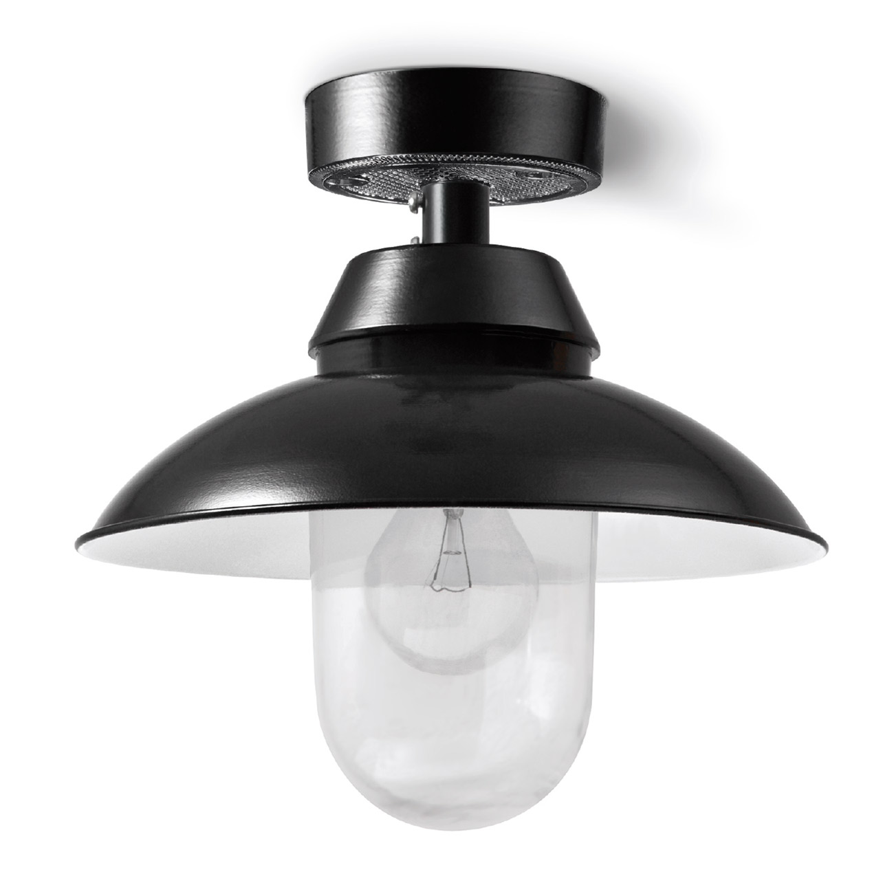 MAINZ ZYLINDER Deckenlampe mit Schraubglas und Schirm Ø 26 cm: Abgebildet in schwarz mit kleinem 26 cm-Schirm und klarem Zylinder-Glas Ø 100 mm