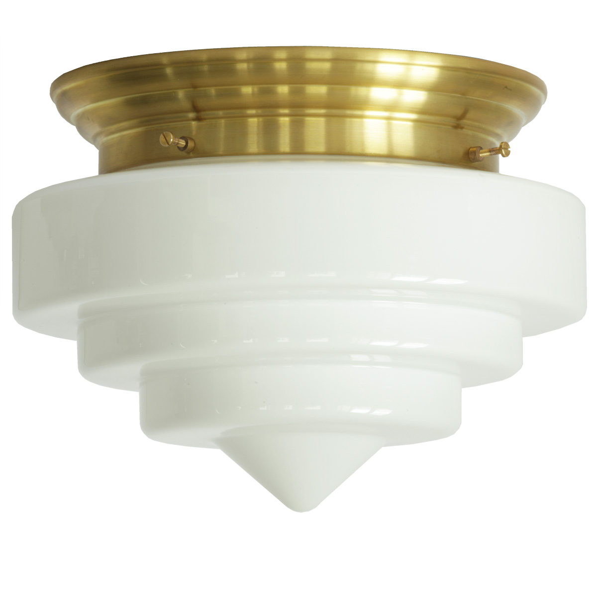 Deckenlampe mit dreistufigem weißen Spitzglas Ø 25 cm: Opalglas-Deckenleuchte, abgebildet mit Deckenteil in Messing natur
