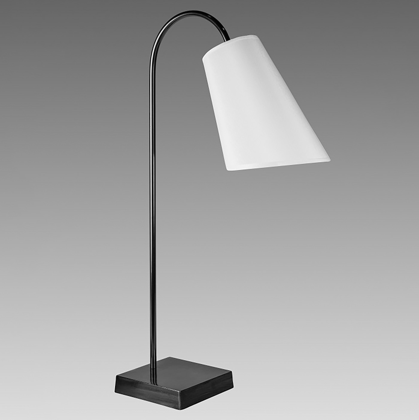 Zeitlose Tischleuchte mit Stoffschirm am Bogen-Arm L202: Ausführung schwarz patiniert